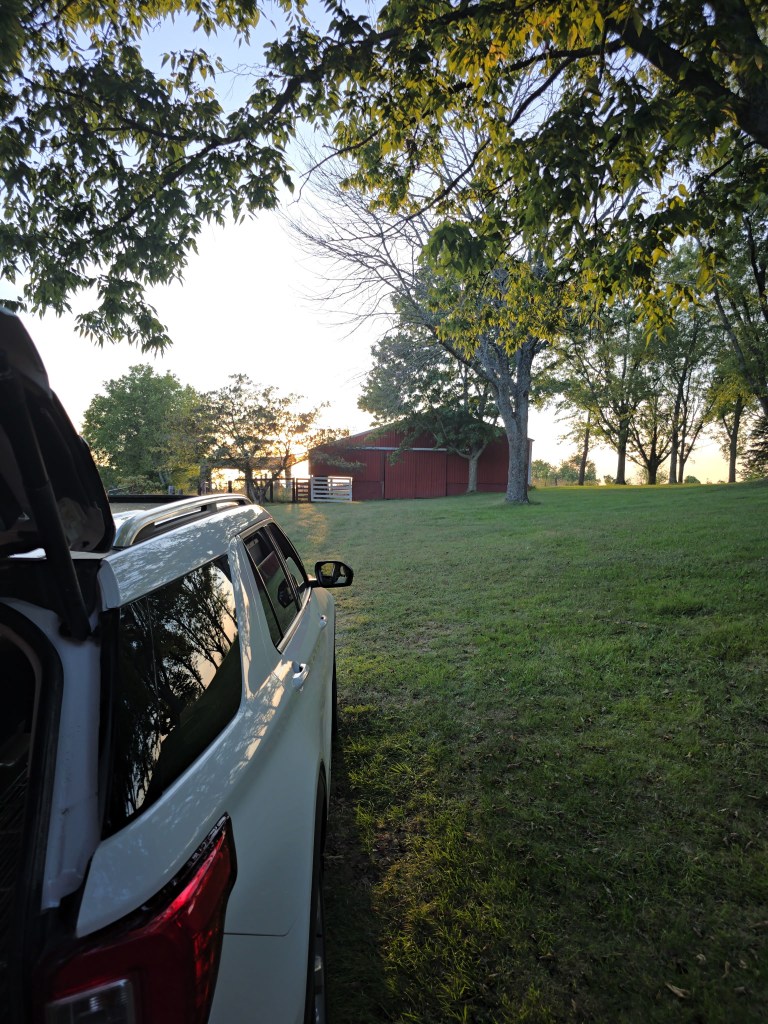 The red barn at sunset, seen from under a big tree beside a parked white SUV